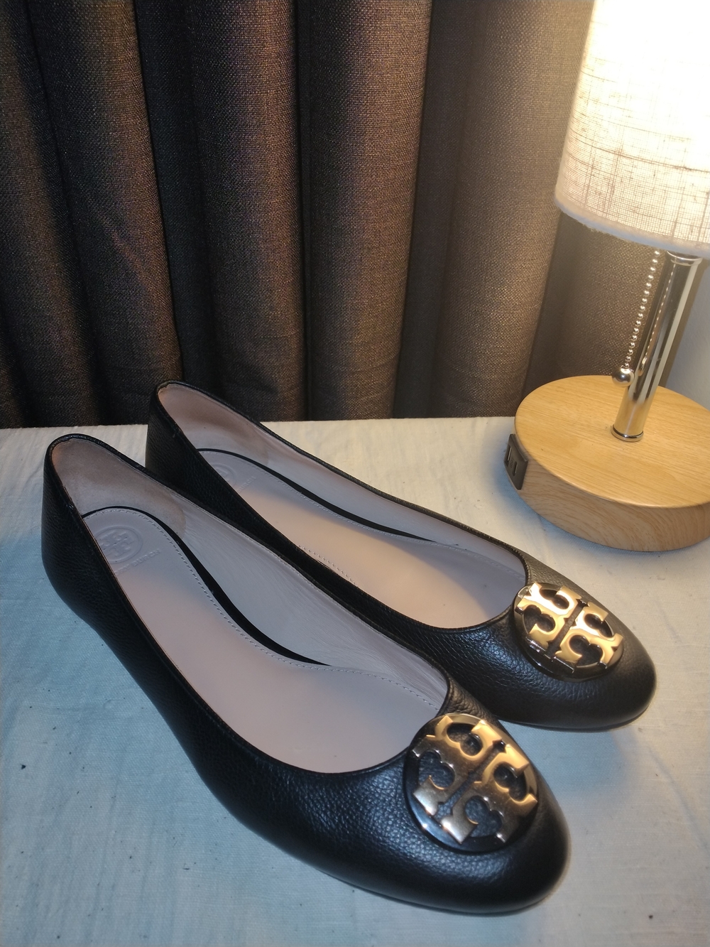 Tory Burch Black and Gold Leather Flats